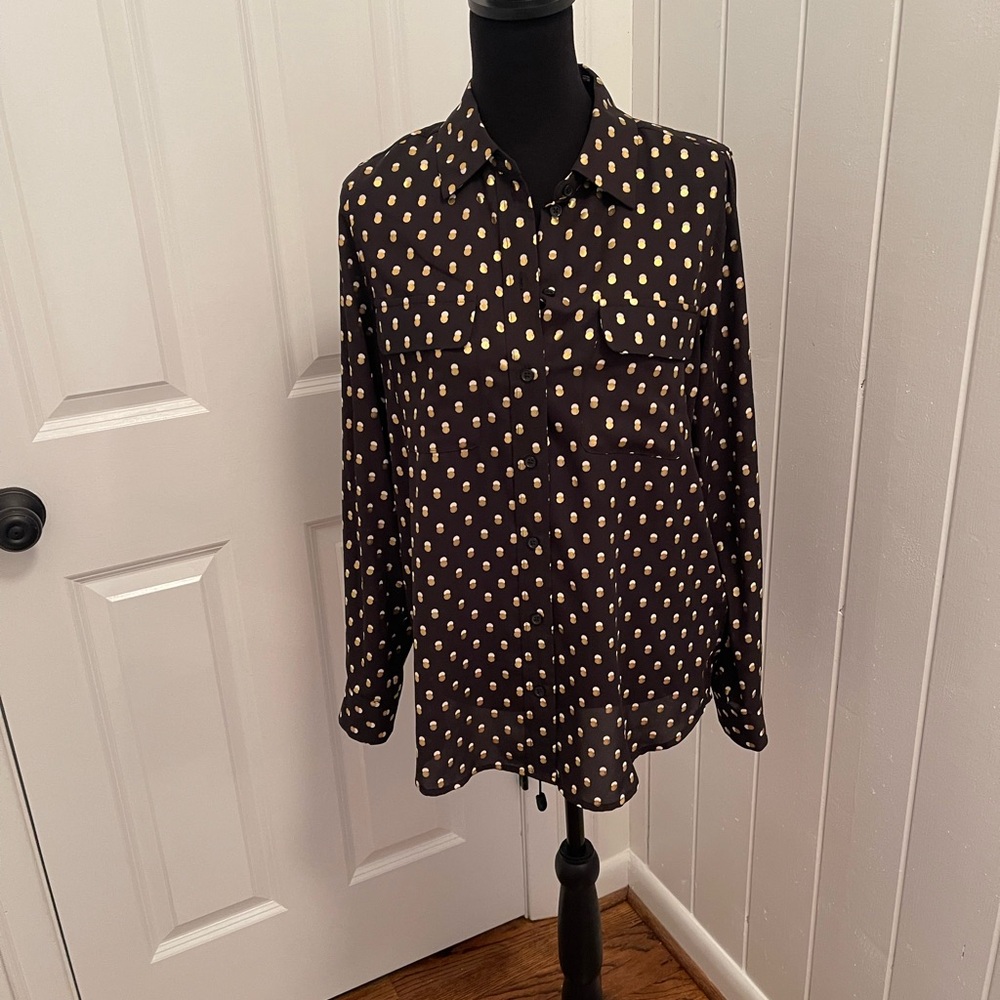 Who What Wear Black and Gold Polka Dot Shirt